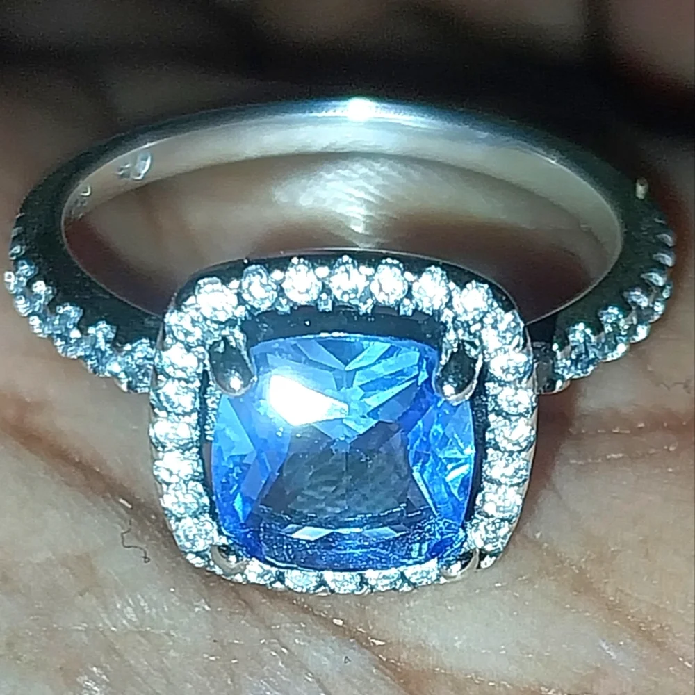 Blue Sapphire 925 Silver Halo Ring with Diamond Accents Sz 6